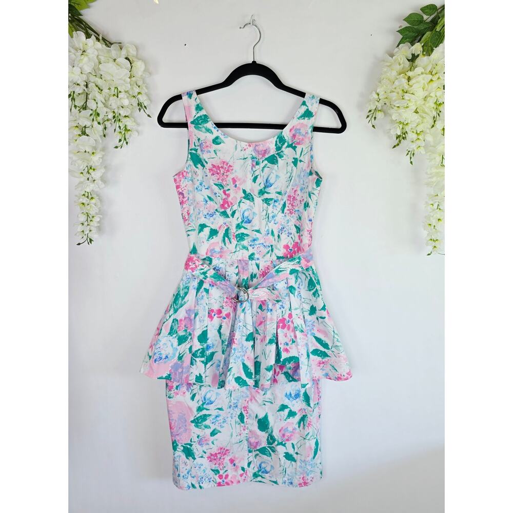 Vintage 80s Peplum Dress Pencil Skirt Small White Pink Floral Belted Sleeveless - Picture 2 of 11
